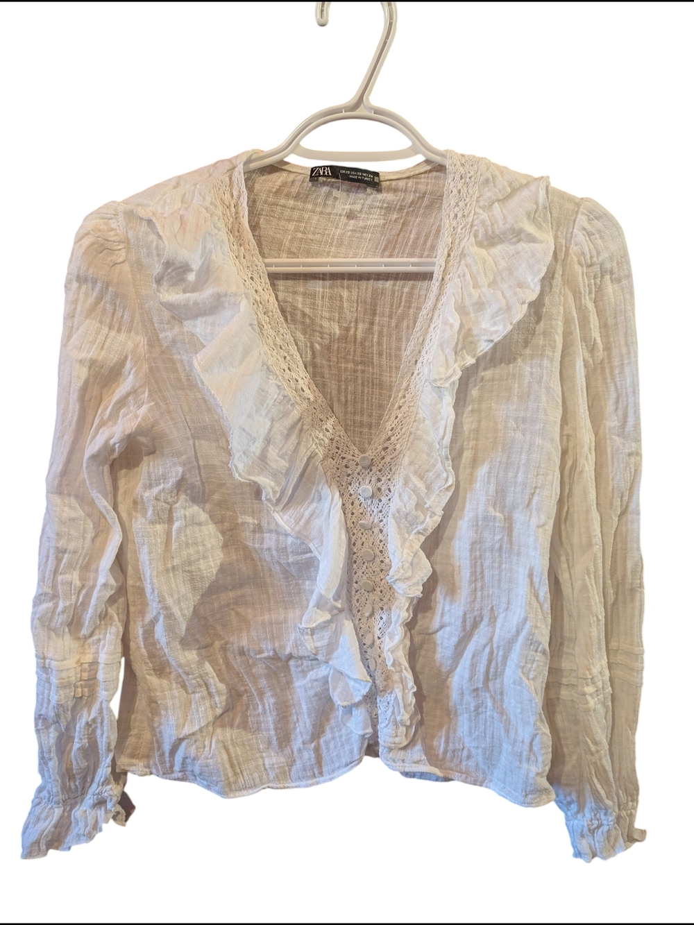 Zara White Ruffled Lace-Trim Blouse